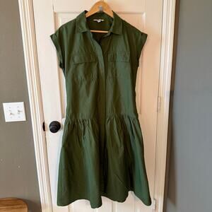 Ophelia Roe army green shirt dress S cap sleeve pockets collar button front EUC